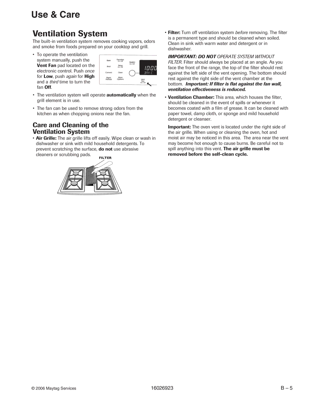 Jenn-Air JGS8860BD, JGS9900BD, JGS8750BD, JGS8850BD manual Care and Cleaning Ventilation System 