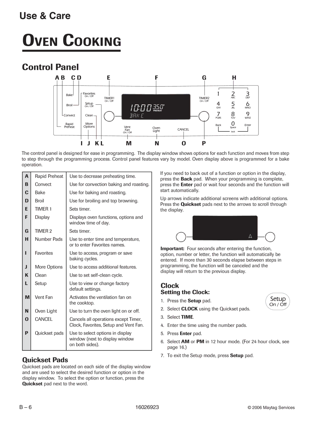 Jenn-Air JGS8750BD, JGS9900BD, JGS8860BD, JGS8850BD manual Control Panel, Quickset Pads, Setting the Clock 