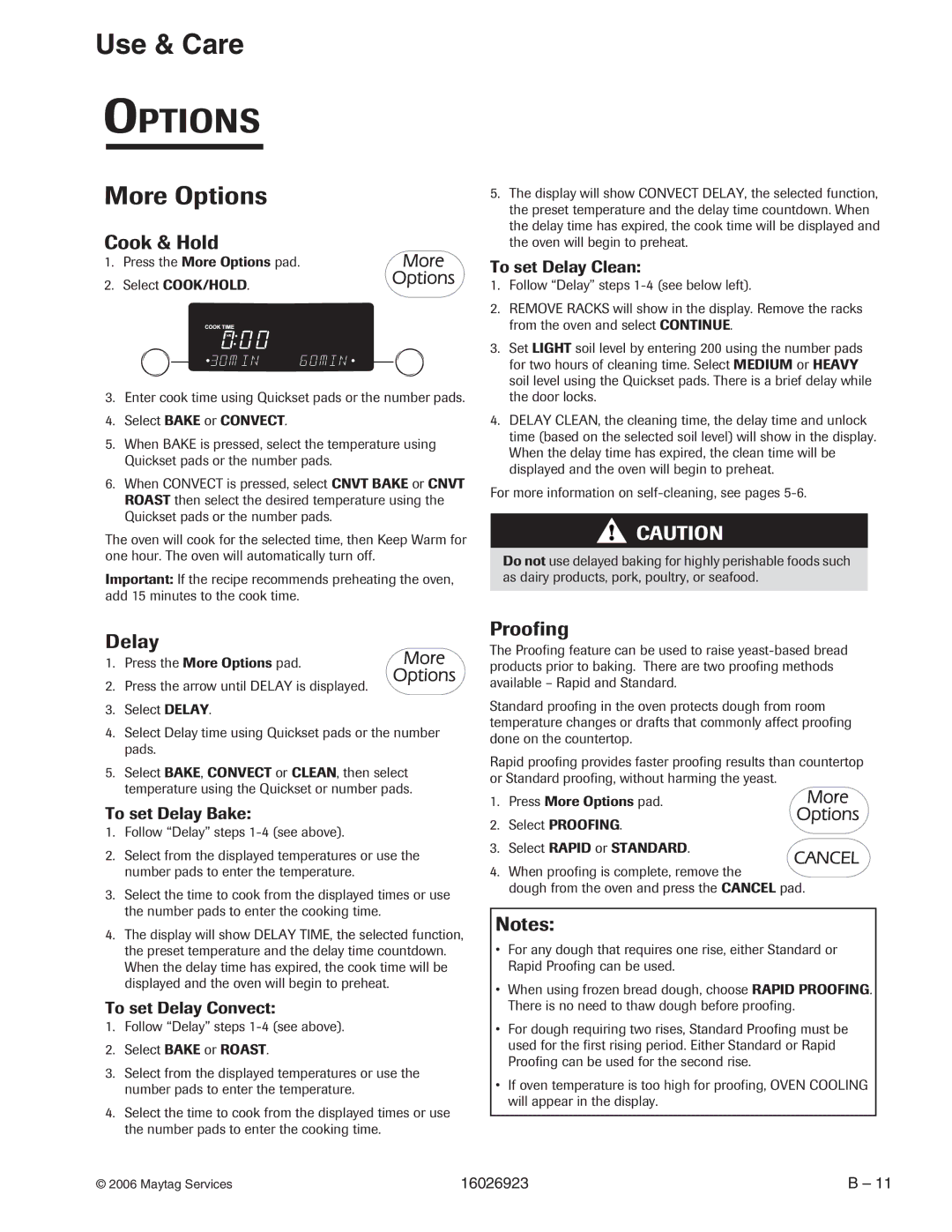 Jenn-Air JGS8850BD, JGS9900BD, JGS8860BD, JGS8750BD manual More Options, Cook & Hold, Delay, Proofing 