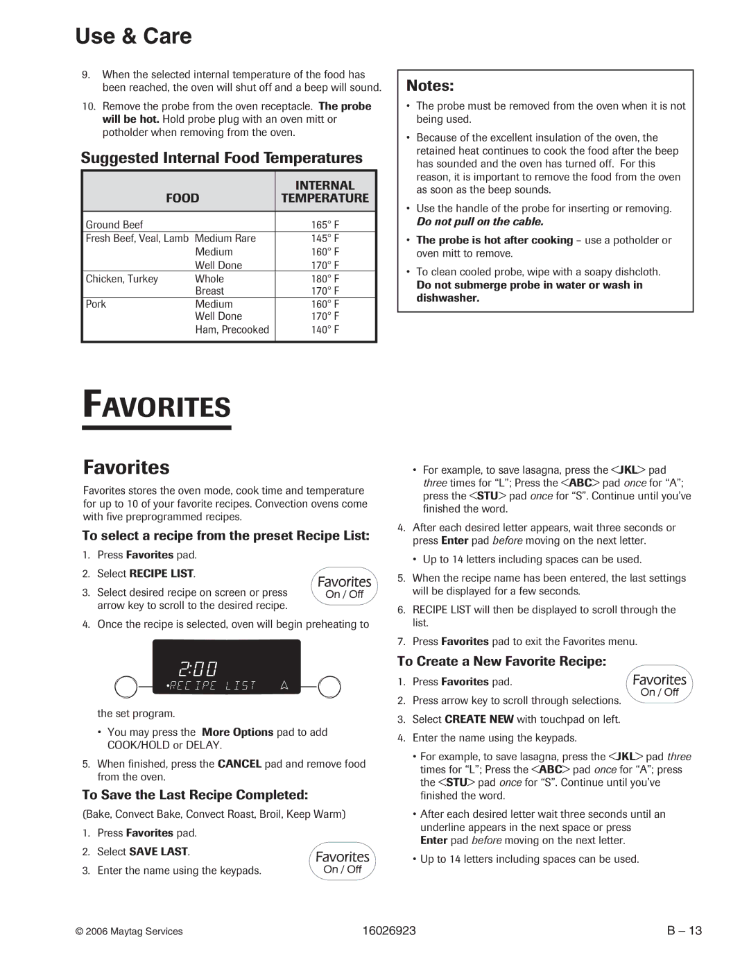 Jenn-Air JGS8860BD manual Favorites, Suggested Internal Food Temperatures, To select a recipe from the preset Recipe List 