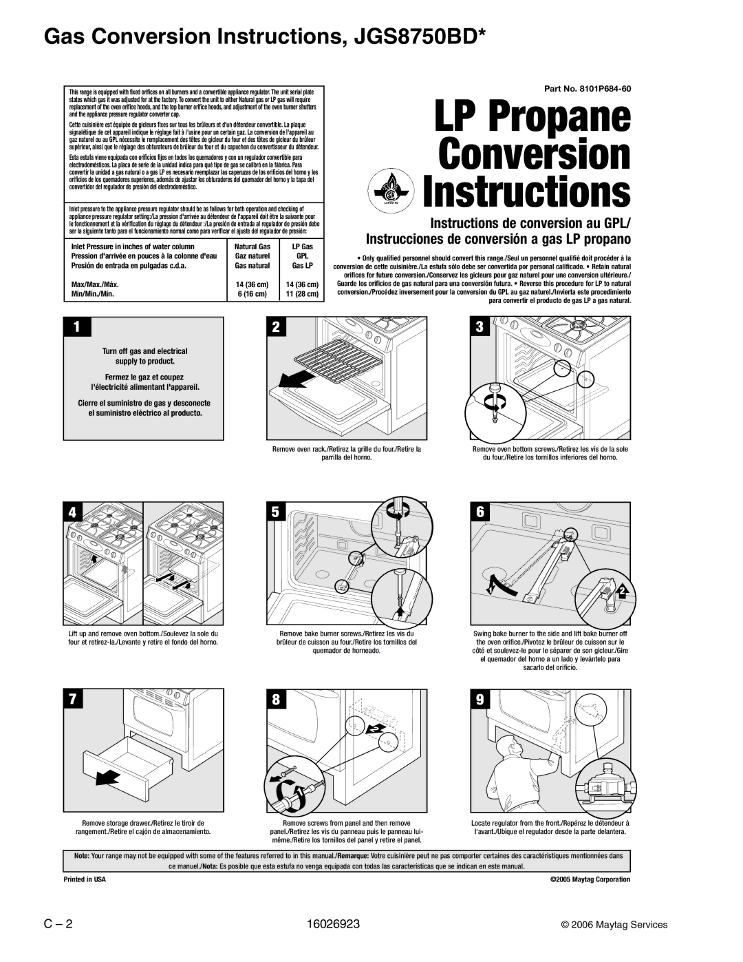 Jenn-Air JGS8750BD, JGS9900BD, JGS8860BD, JGS8850BD manual LP Propane Conversion 