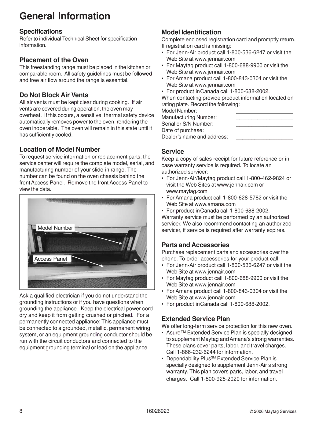 Jenn-Air JGS9900BD, JGS8860BD Specifications, Placement of the Oven, Do Not Block Air Vents, Model Identification, Service 