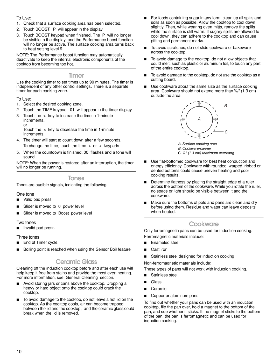 Jenn-Air JIC4430X manual Timer, Tones, Ceramic Glass, Cookware 