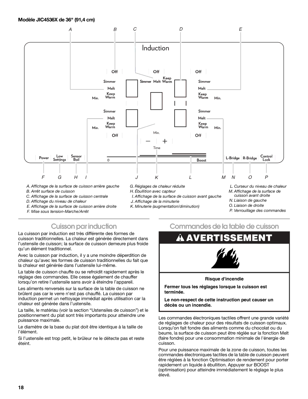 Jenn-Air JIC4430X manual Cuisson par induction, Commandes de la table de cuisson, Modèle JIC4536X de 36 91,4 cm 