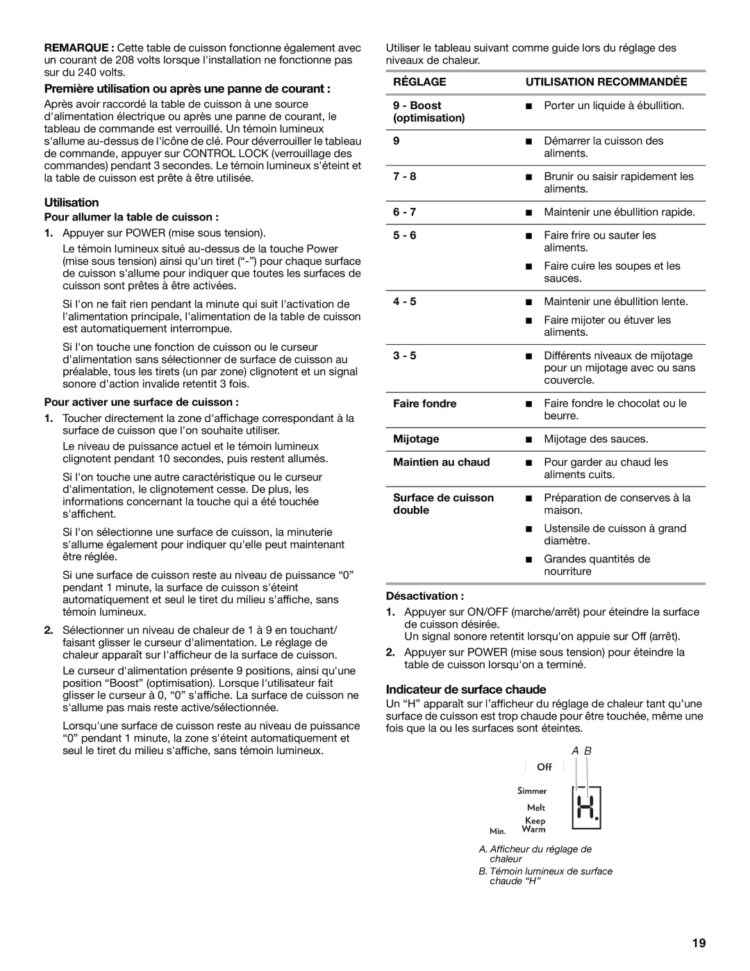 Jenn-Air JIC4430X manual Première utilisation ou après une panne de courant, Utilisation, Indicateur de surface chaude 