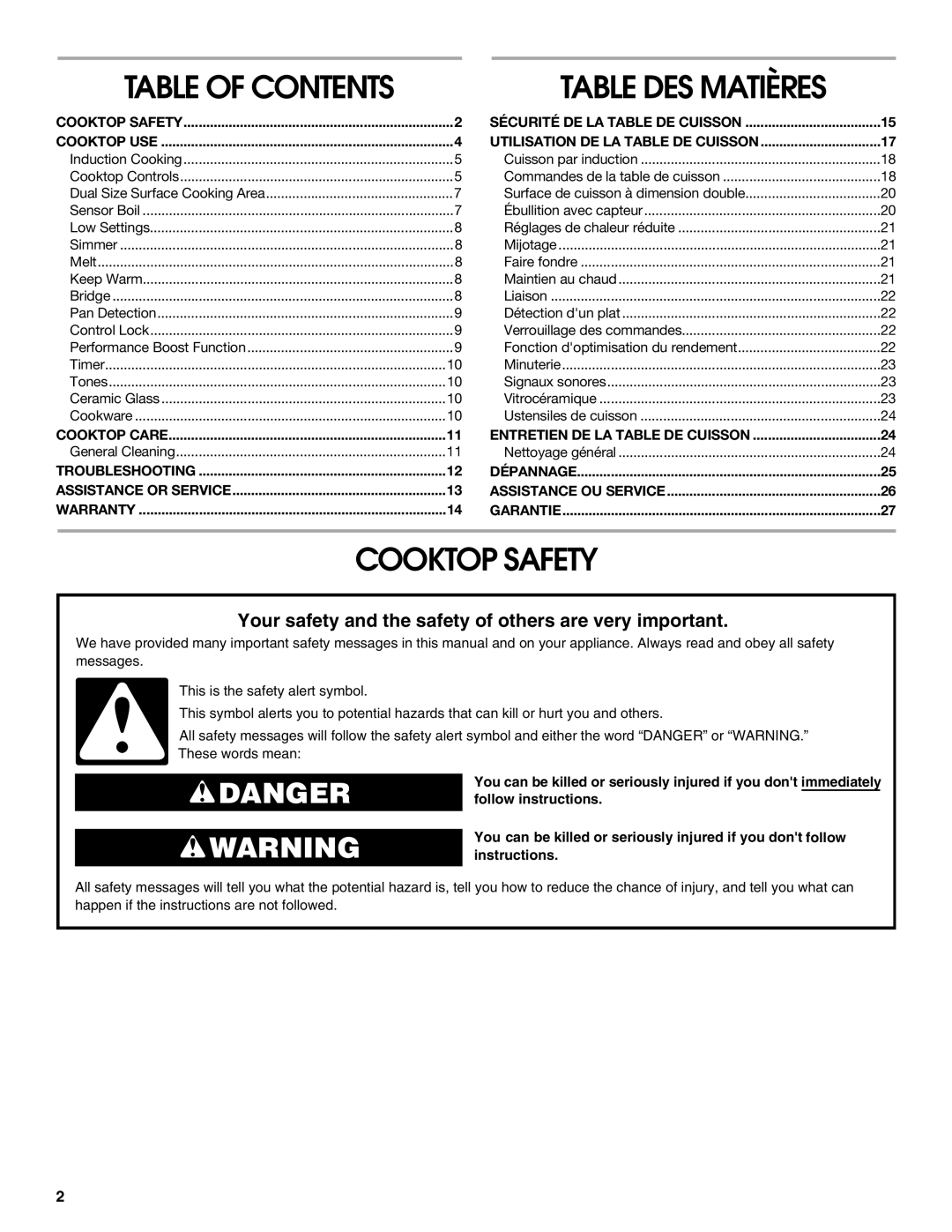 Jenn-Air JIC4430X manual Table DES Matières, Cooktop Safety 