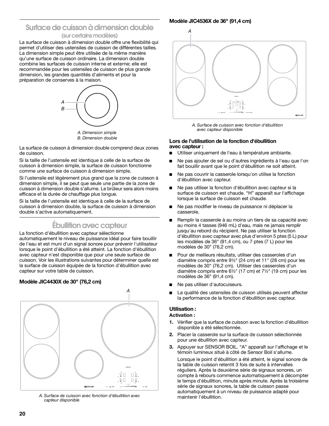 Jenn-Air JIC4430X manual Surface de cuisson à dimension double, Ébullition avec capteur, Activation 