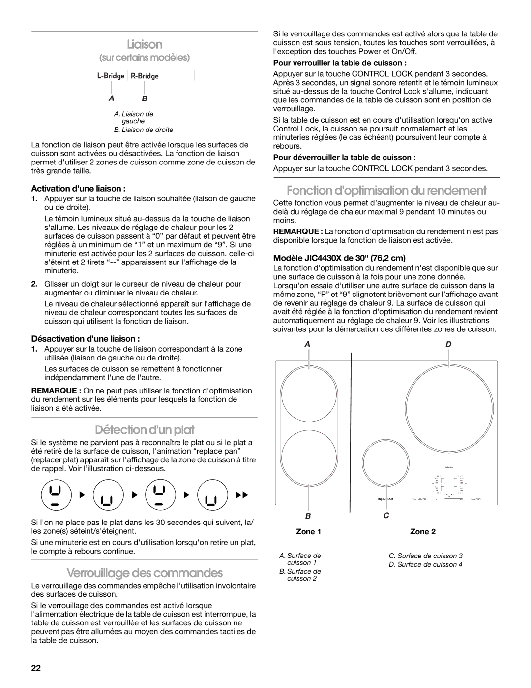 Jenn-Air JIC4430X manual Liaison, Détection dun plat, Verrouillage des commandes, Fonction doptimisation du rendement 