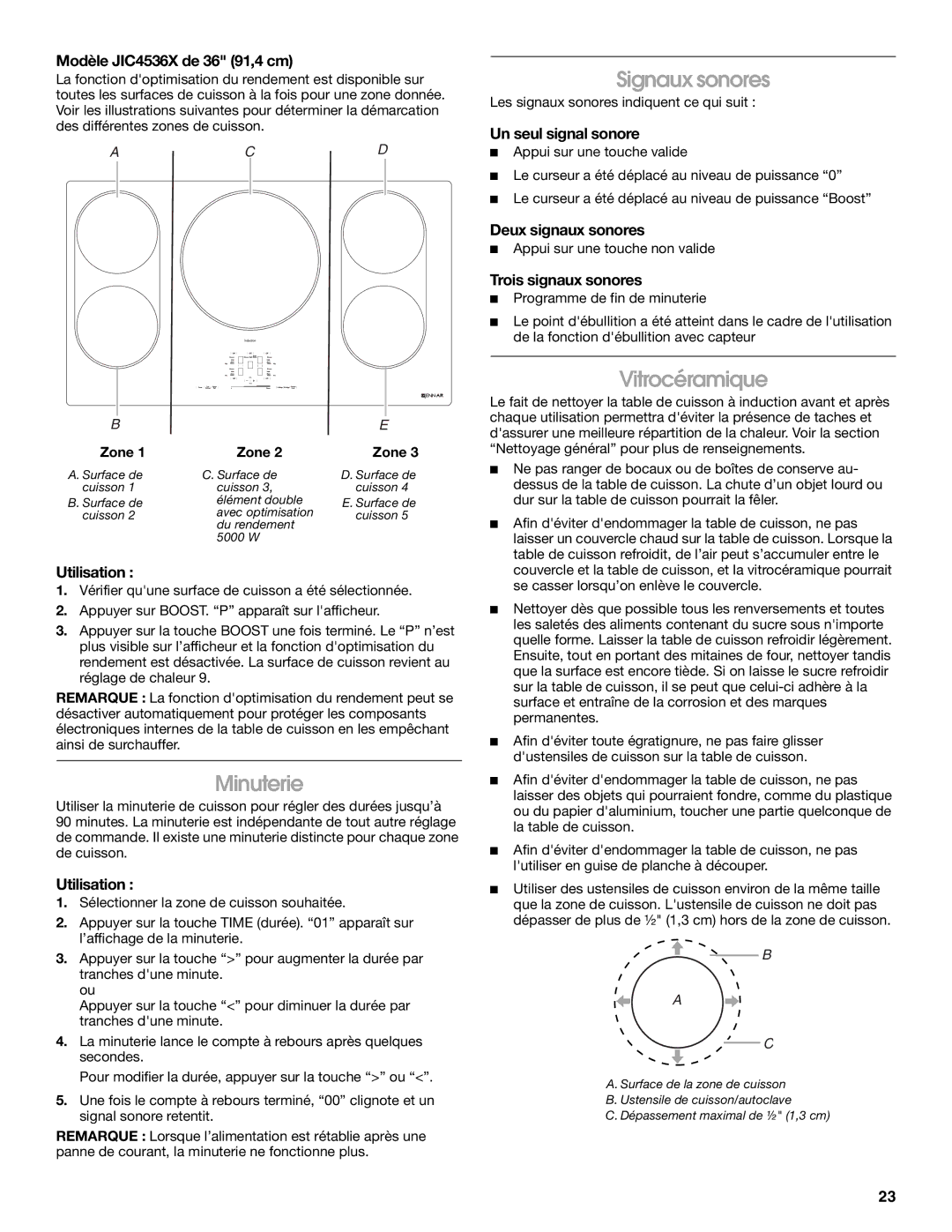 Jenn-Air JIC4430X manual Signaux sonores, Vitrocéramique, Minuterie 