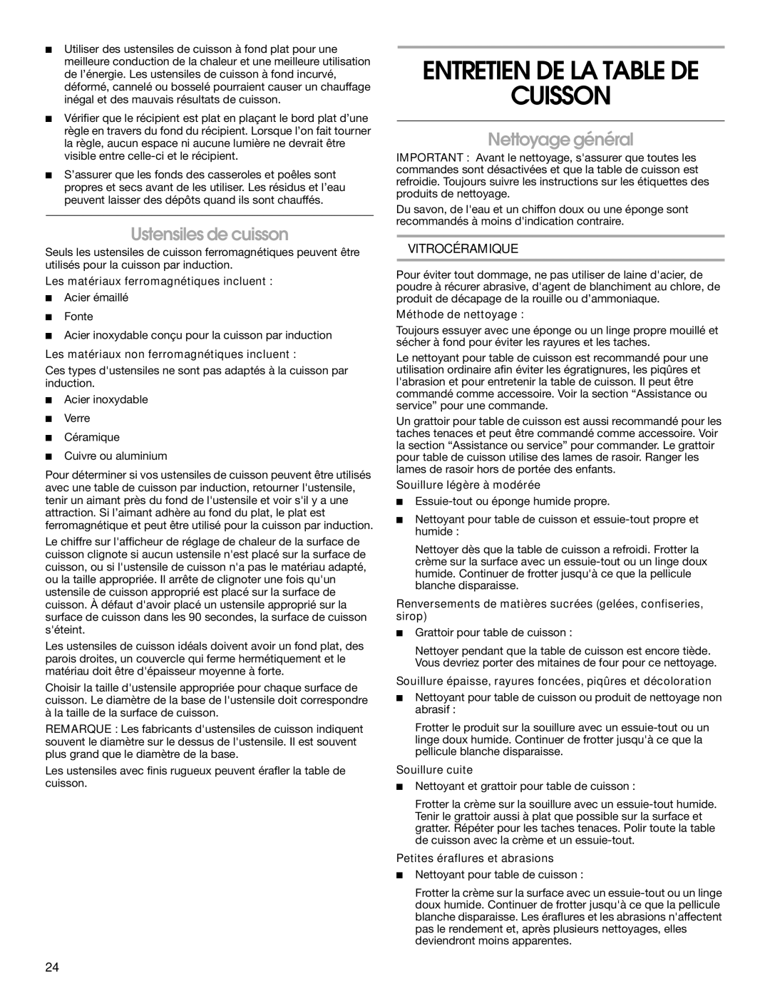 Jenn-Air JIC4430X manual Cuisson, Ustensiles de cuisson, Nettoyage général 