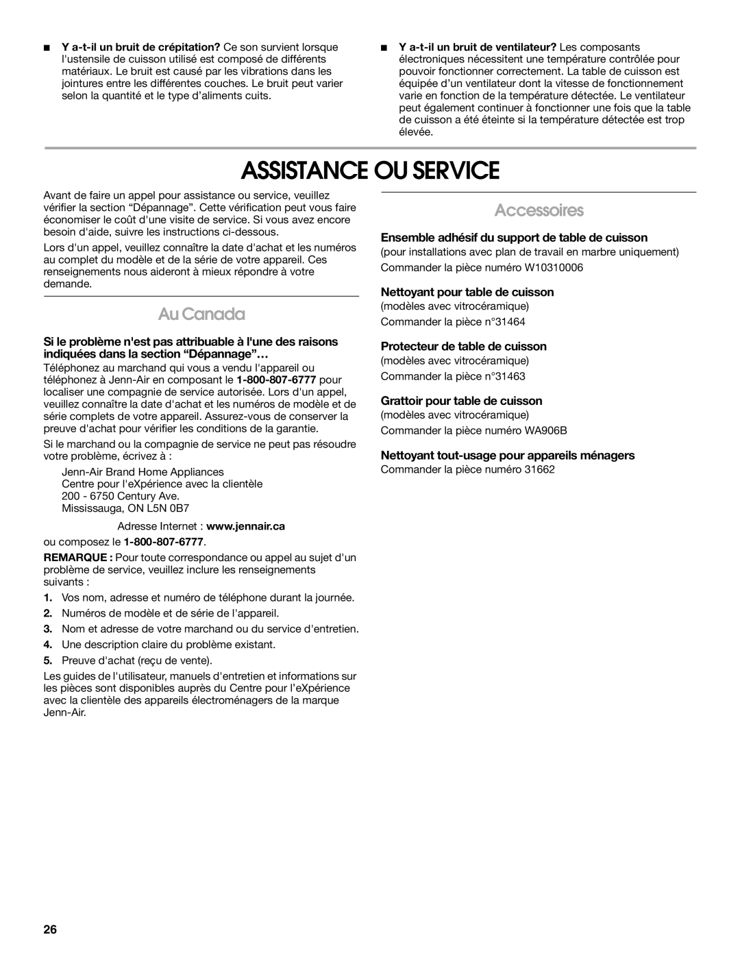 Jenn-Air JIC4430X manual Assistance OU Service, Au Canada, Accessoires 