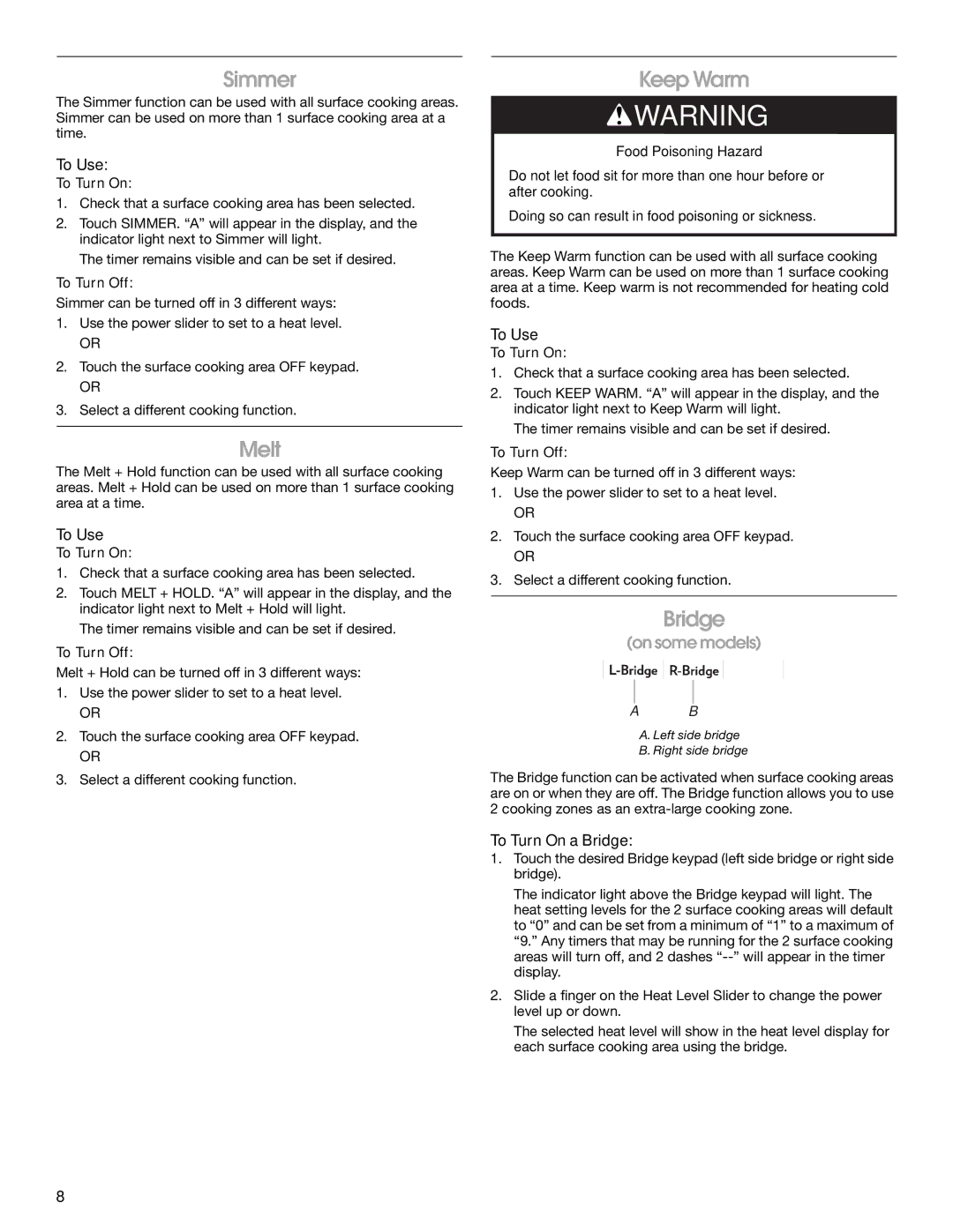 Jenn-Air JIC4430X manual Simmer, Melt, Keep Warm, To Turn On a Bridge 