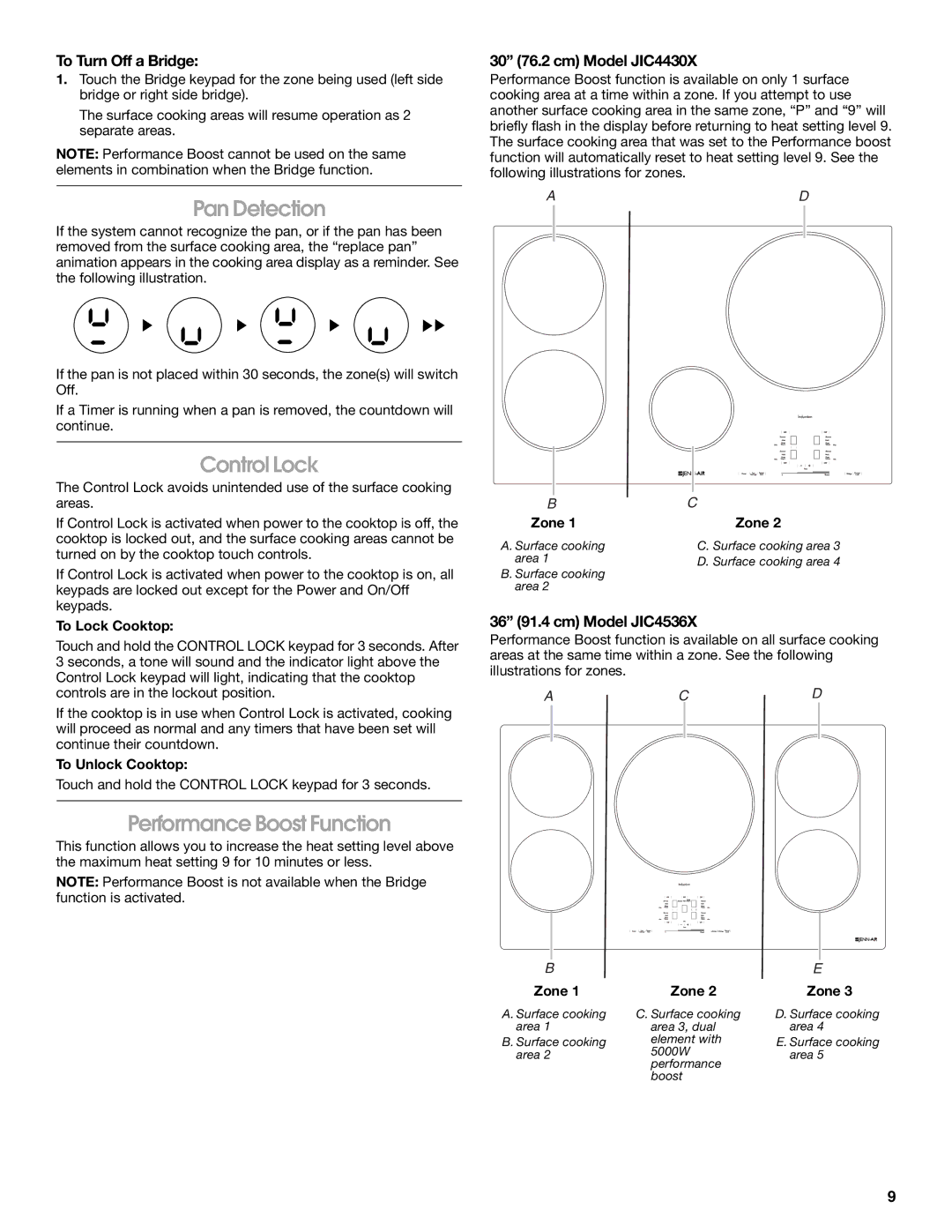 Jenn-Air JIC4430X manual Pan Detection, Control Lock, Performance Boost Function, To Turn Off a Bridge 