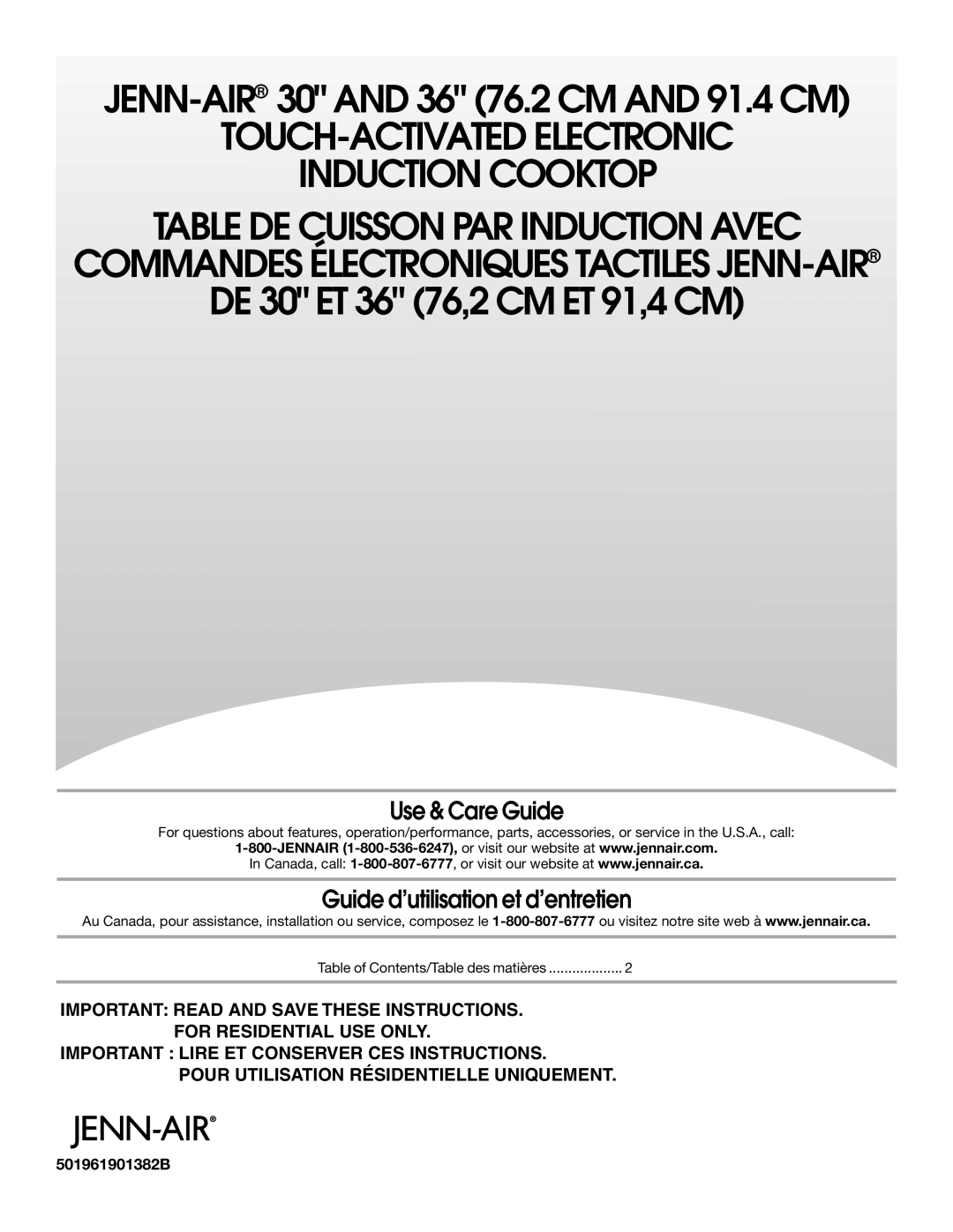 Jenn-Air JIC4430X manual Use & Care Guide, Guide d’utilisation et d’entretien, 501961901382B, For Residential Use Only 