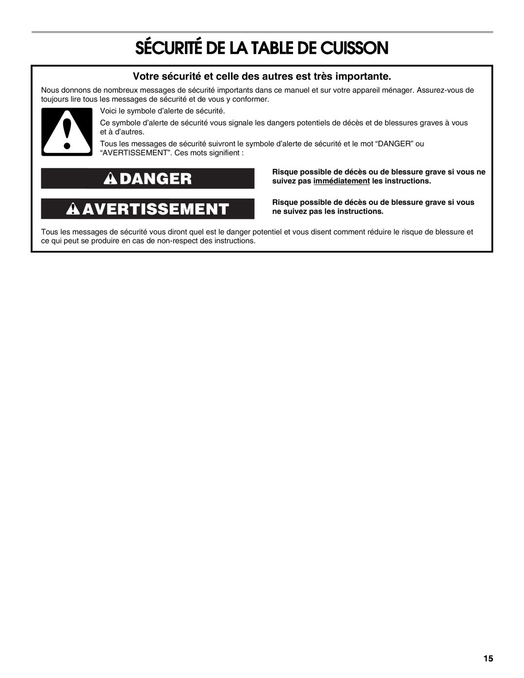 Jenn-Air JIC4430X manual Sécurité De La Table De Cuisson, Danger Avertissement 