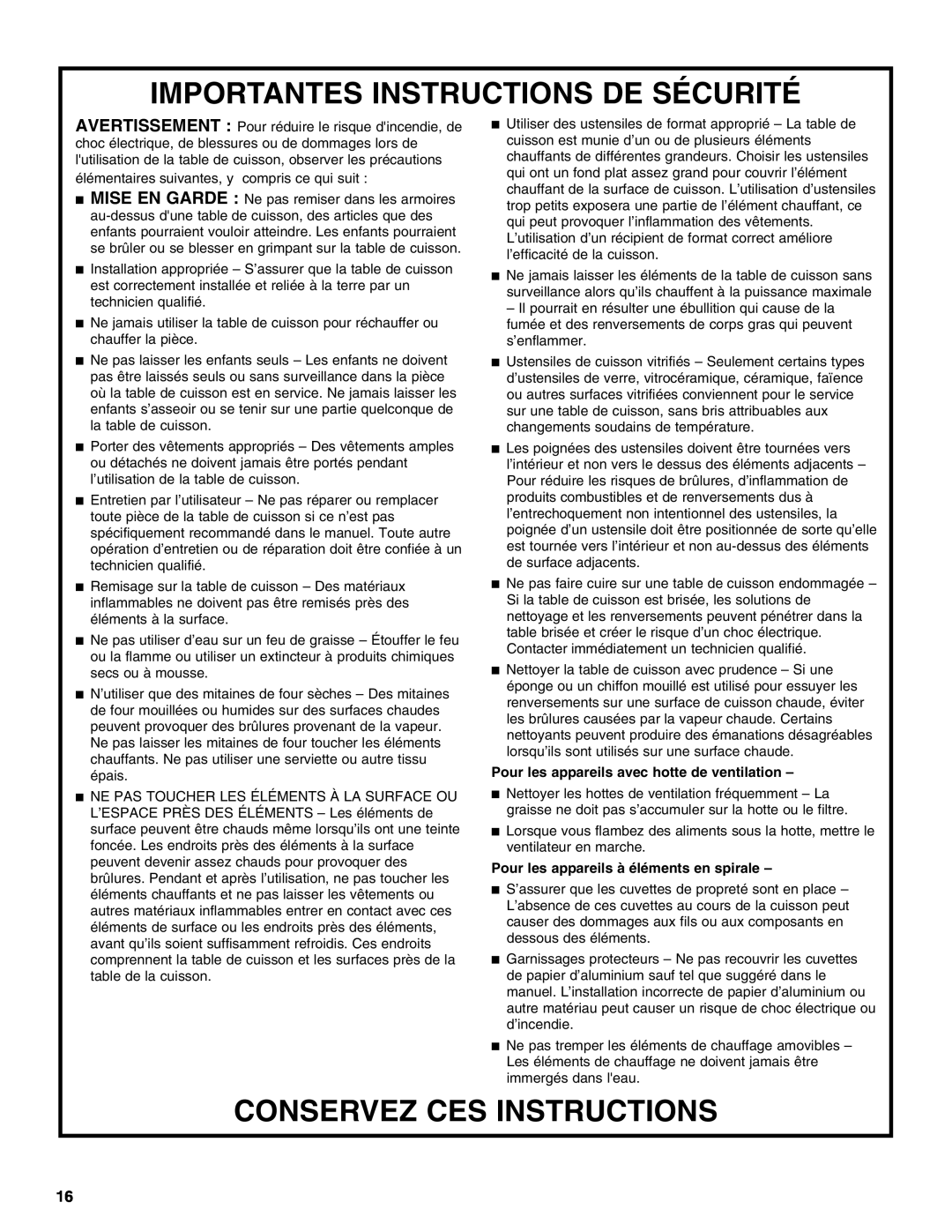 Jenn-Air JIC4430X manual Importantes Instructions De Sécurité, Conservez Ces Instructions 