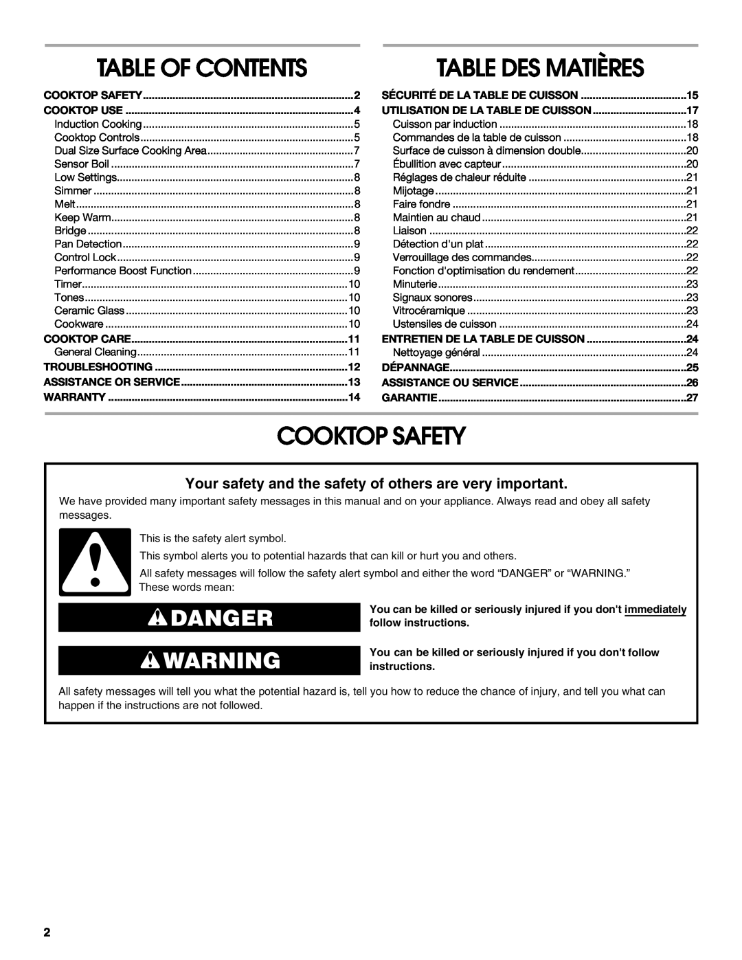 Jenn-Air JIC4430X manual Table Des Matières, Cooktop Safety, Danger, Table Of Contents 