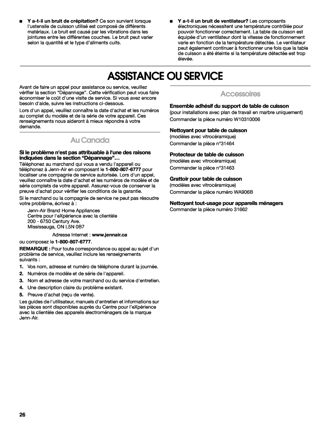 Jenn-Air JIC4430X manual Assistance Ou Service, Au Canada, Accessoires, Ensemble adhésif du support de table de cuisson 