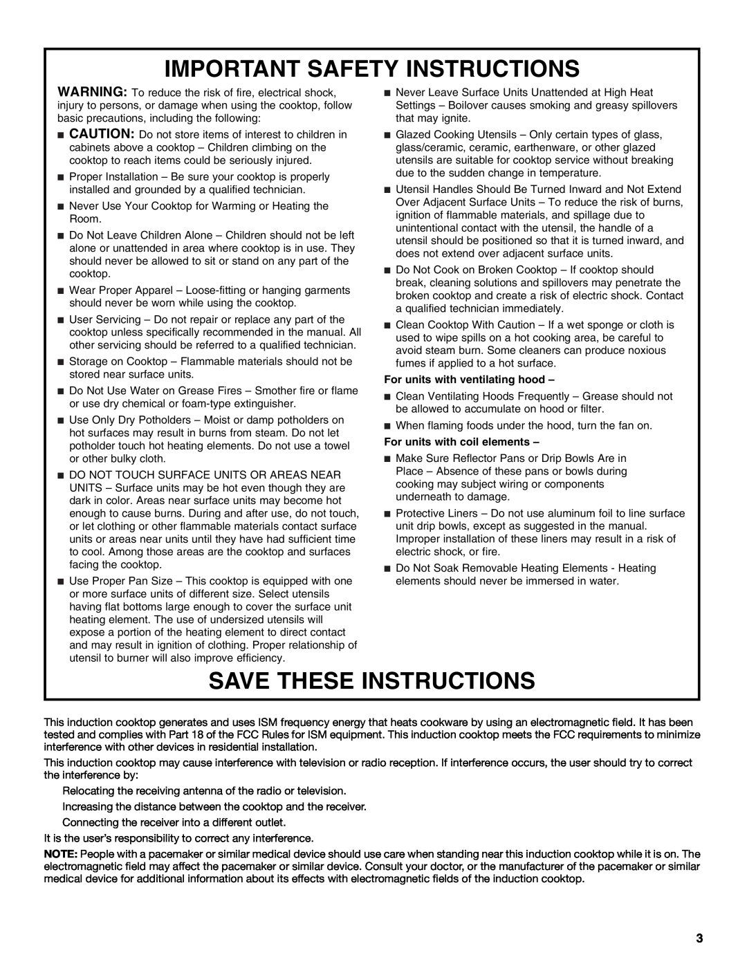 Jenn-Air JIC4430X manual Important Safety Instructions, Save These Instructions, For units with ventilating hood 