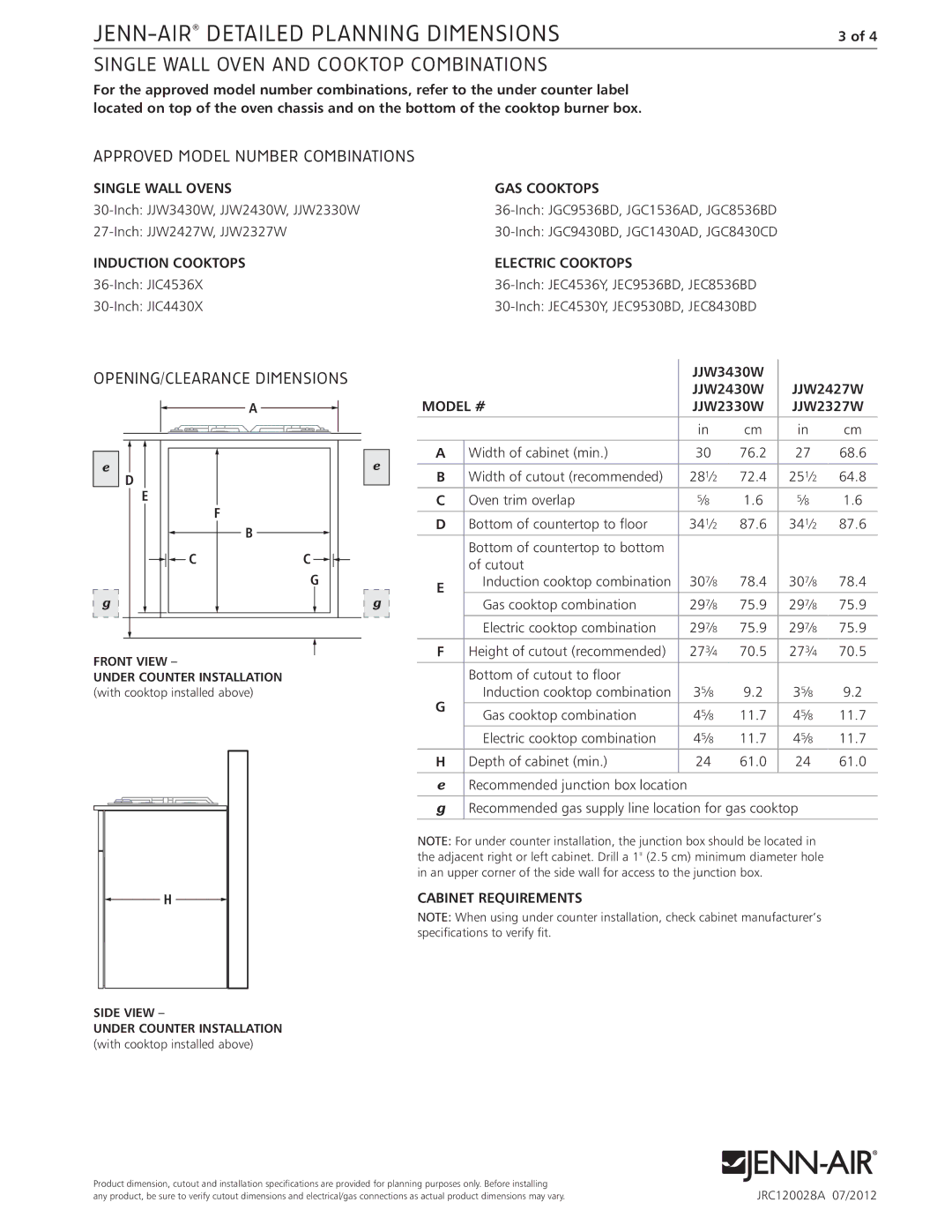 Jenn-Air JIC4536X dimensions Single wall oven and Cooktop combinationS, Approved Model Number Combinations 