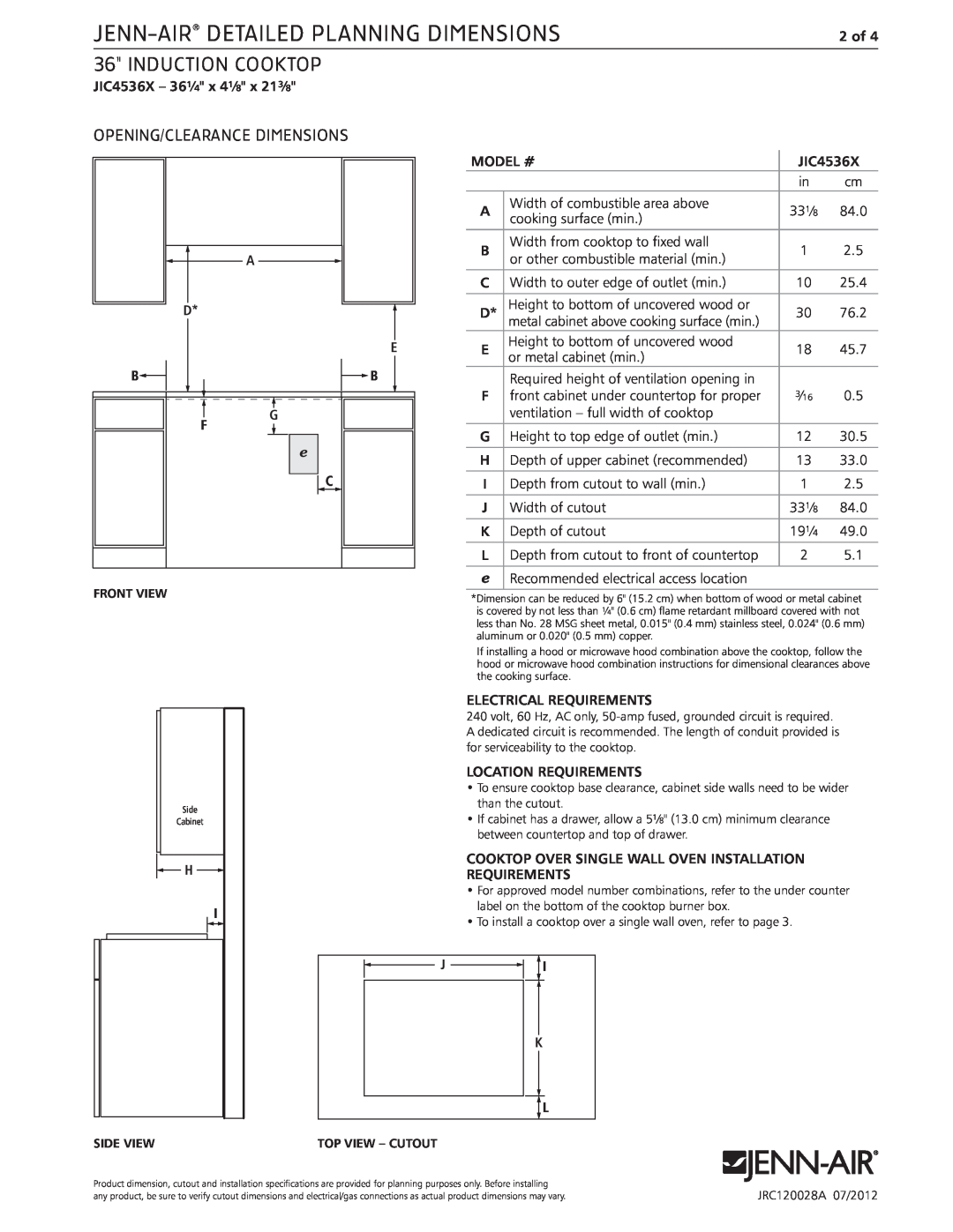 Jenn-Air JIC4536X dimensions Opening/Clearance Dimensions, Jenn-Air Detailed Planning Dimensions, INDUCTION Cooktop 