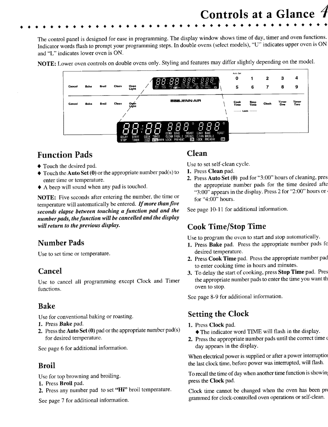 Jenn-Air JIVR /8530 warranty Cancel, Clean, Bake, Broil, Setting the Clock 
