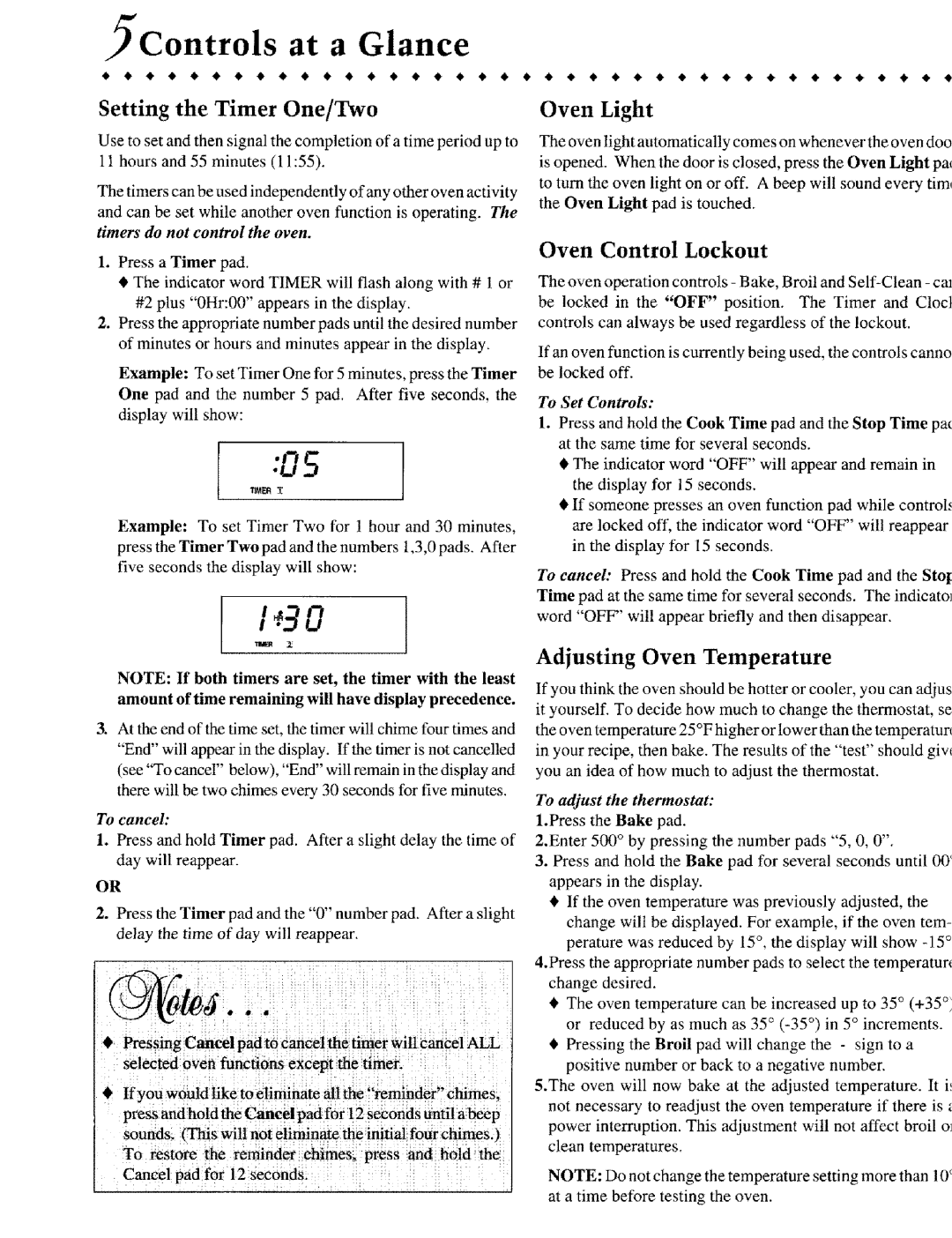Jenn-Air JIVR /8530 Controls at a Glance, Setting the Timer One/Two, Oven Control Lockout, Adjusting Oven Temperature 