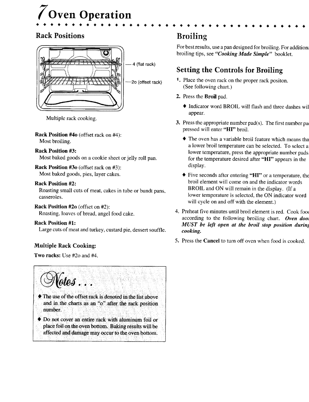 Jenn-Air JIVR /8530 warranty Oven Operation, Rack Positions, Setting the Controls for Broiling 