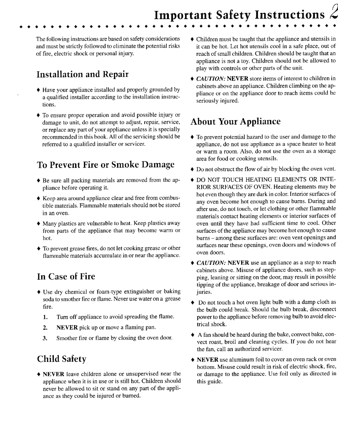Jenn-Air JIVR /8530 Important Safety Instructions, To Prevent Fire or Smoke Damage, Child Safety, Installation and Repair 