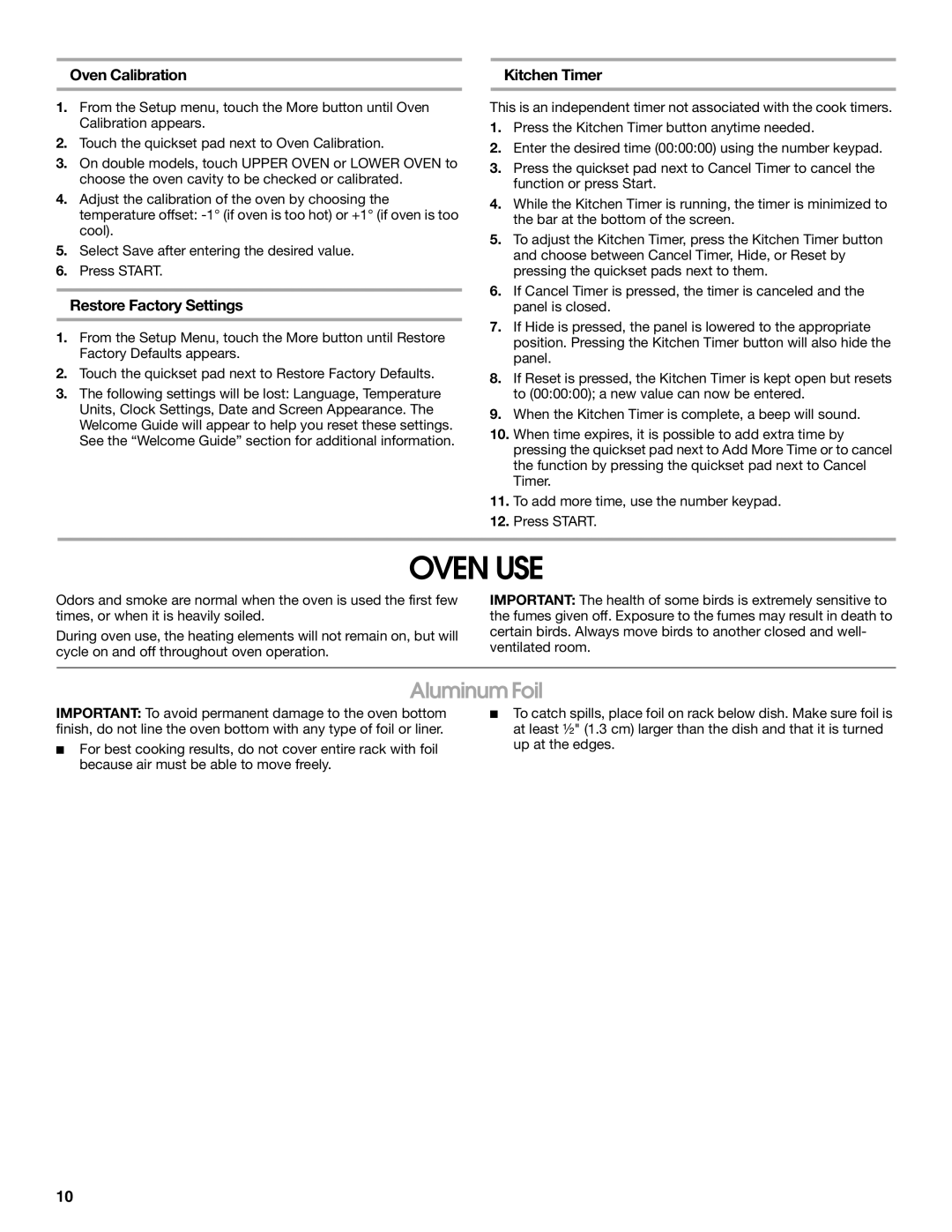 Jenn-Air JJW2730, JJW2527, JJW2427 manual Oven USE, Aluminum Foil, Oven Calibration Kitchen Timer, Restore Factory Settings 