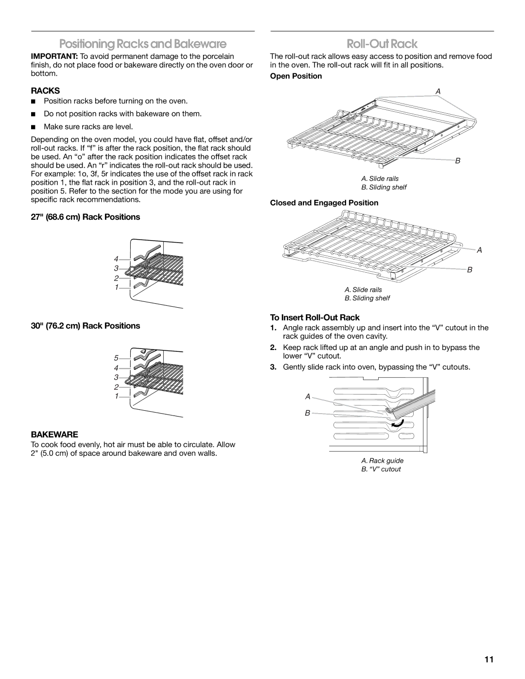 Jenn-Air JJW2427 manual Positioning Racks and Bakeware, Roll-Out Rack, 27 68.6 cm Rack Positions 30 76.2 cm Rack Positions 