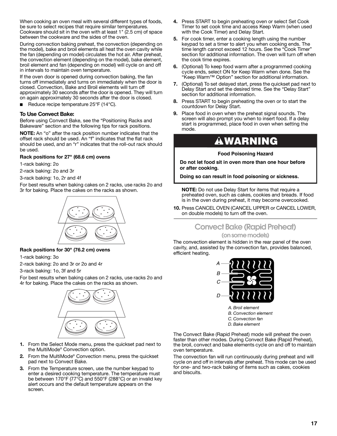 Jenn-Air JJW2430, JJW2527, JJW2730 Convect Bake Rapid Preheat, To Use Convect Bake, Rack positions for 27 68.6 cm ovens 