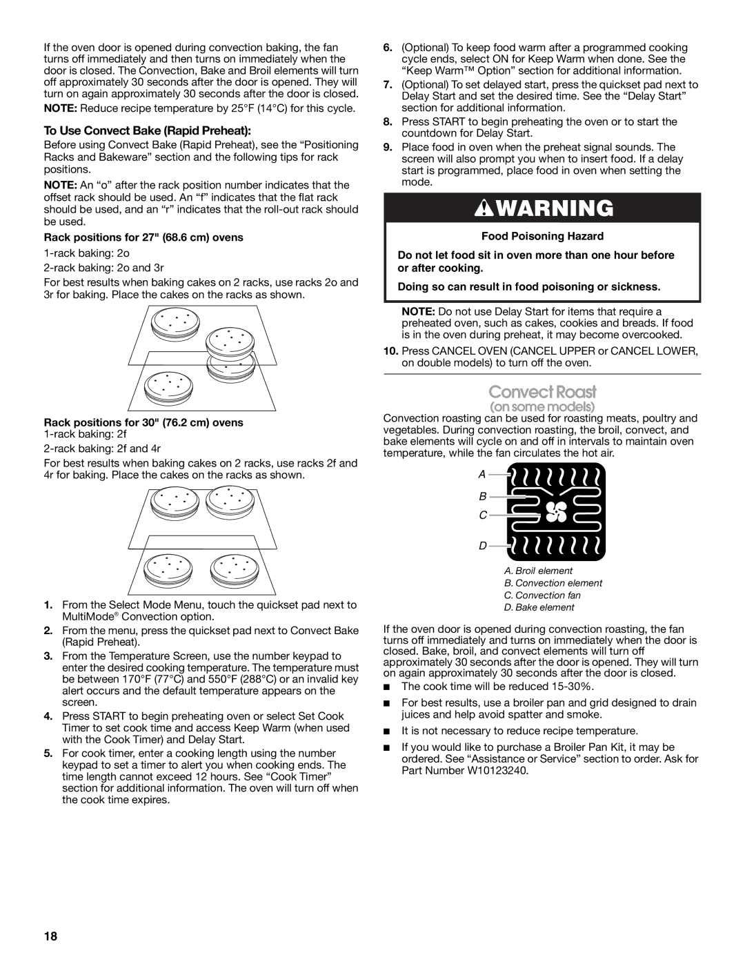 Jenn-Air JJW2527 Convect Roast, To Use Convect Bake Rapid Preheat, Rack positions for 30 76.2 cm ovens 1-rack baking 2f 