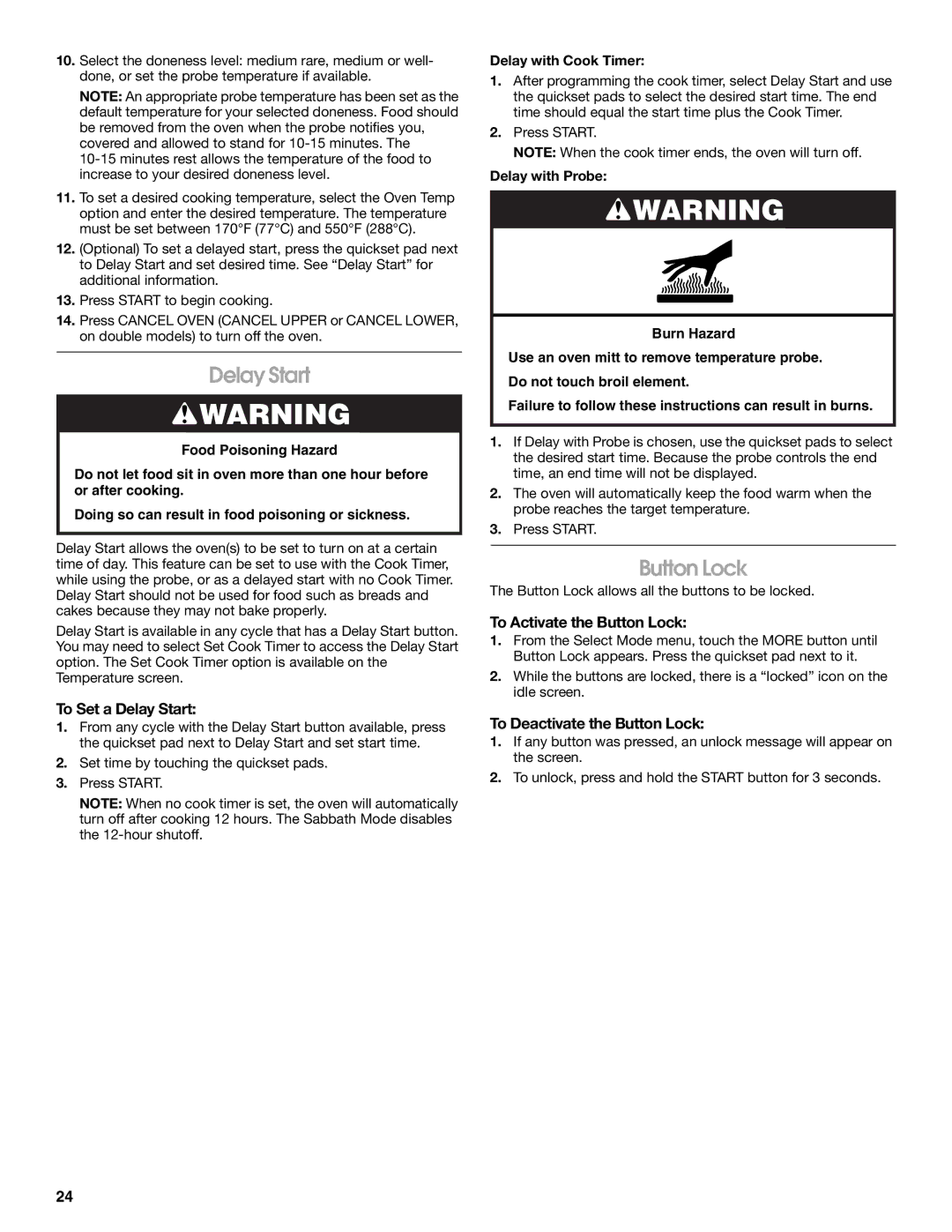 Jenn-Air JJW2727, JJW2527, JJW2730 To Set a Delay Start, To Activate the Button Lock, To Deactivate the Button Lock 