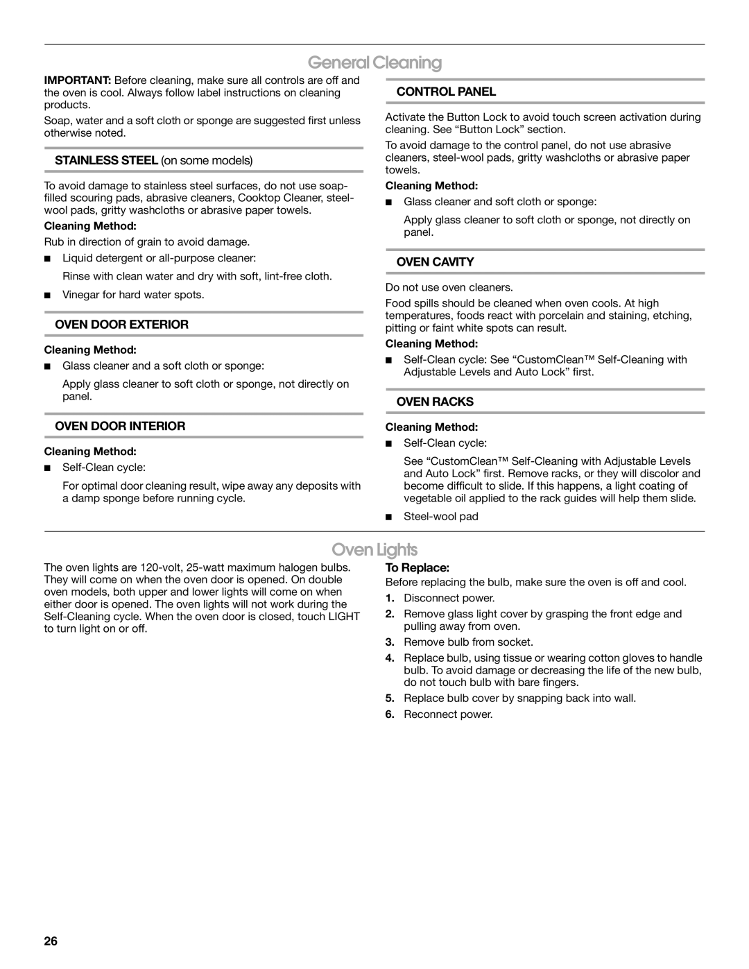 Jenn-Air JJW2430, JJW2527 manual General Cleaning, Oven Lights, Stainless Steel on some models, To Replace, Cleaning Method 