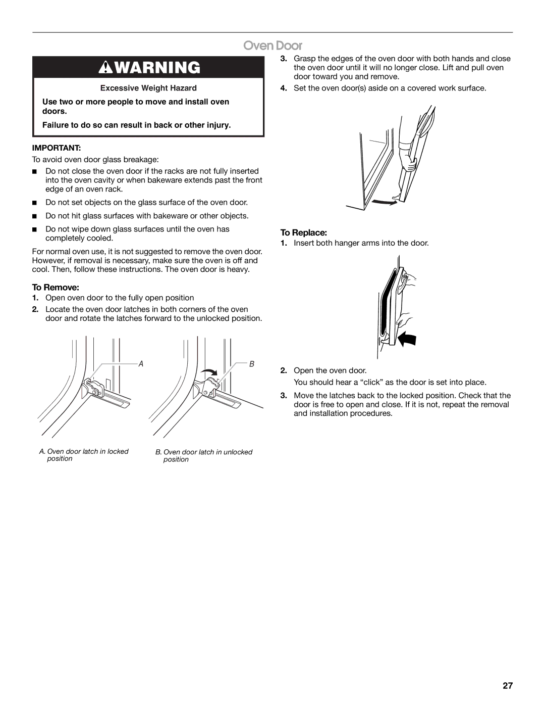 Jenn-Air JJW2527, JJW2730, JJW2427, JJW2827, JJW2830, JJW2530, JJW2727, JJW2330, JJW2430 manual Oven Door, To Remove 