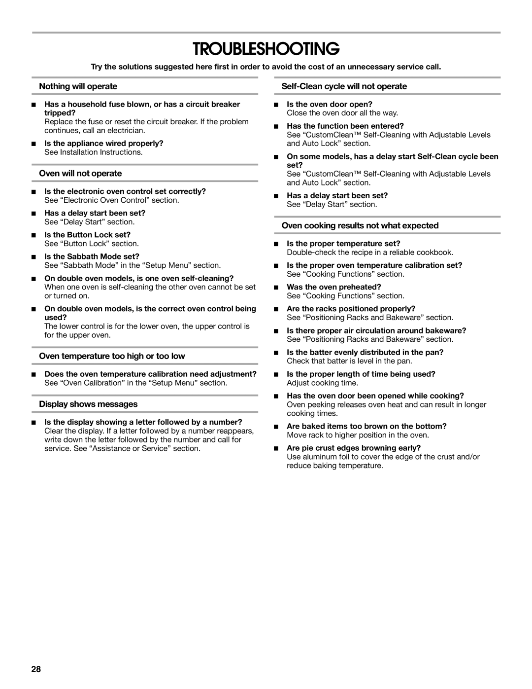 Jenn-Air JJW2730, JJW2527, JJW2427, JJW2827, JJW2830, JJW2530, JJW2727, JJW2330, JJW2430 manual Troubleshooting 