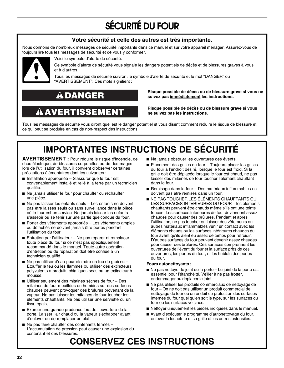 Jenn-Air JJW2530, JJW2527, JJW2730, JJW2427, JJW2827 Sécurité DU Four, Votre sécurité et celle des autres est très importante 