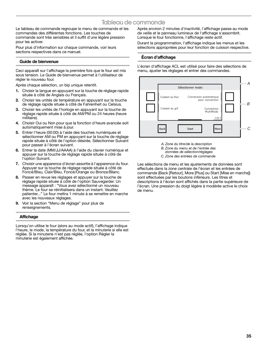 Jenn-Air JJW2430, JJW2527, JJW2730, JJW2427, JJW2827 Tableau de commande, Guide de bienvenue, Écran d’affichage, Affichage 