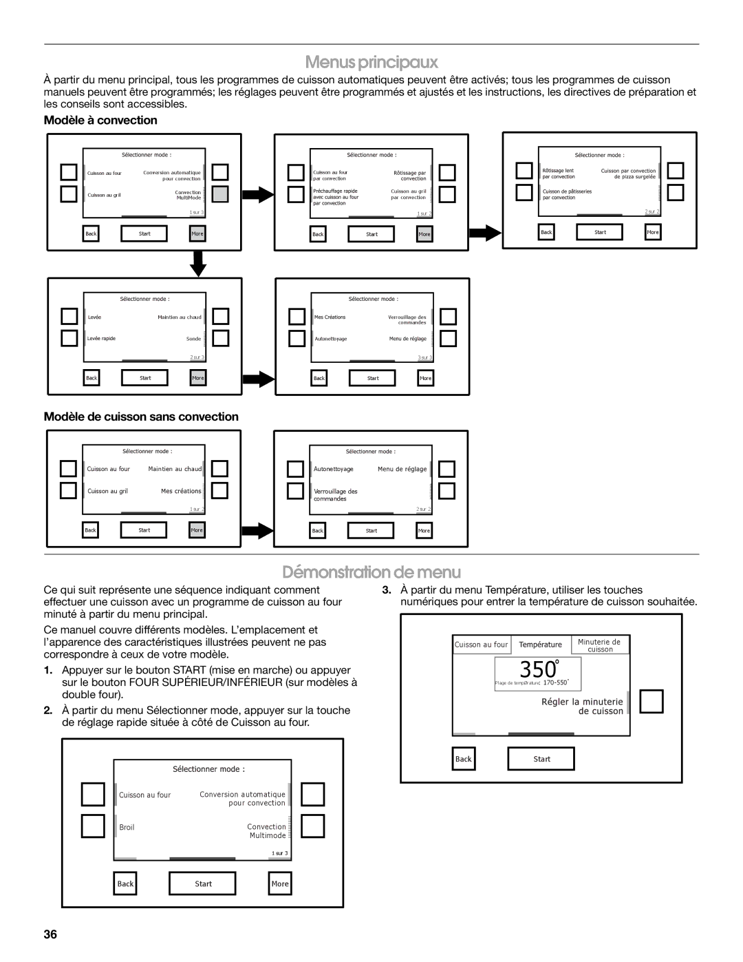 Jenn-Air JJW2527, JJW2730 Menus principaux, Démonstration de menu, Modèle à convection, Modèle de cuisson sans convection 