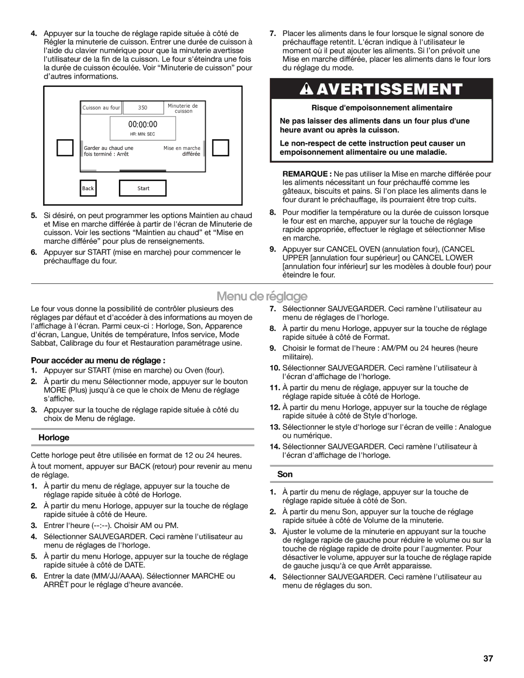 Jenn-Air JJW2730, JJW2527, JJW2427, JJW2827, JJW2830, JJW2530 Menu de réglage, Pour accéder au menu de réglage, Horloge, Son 