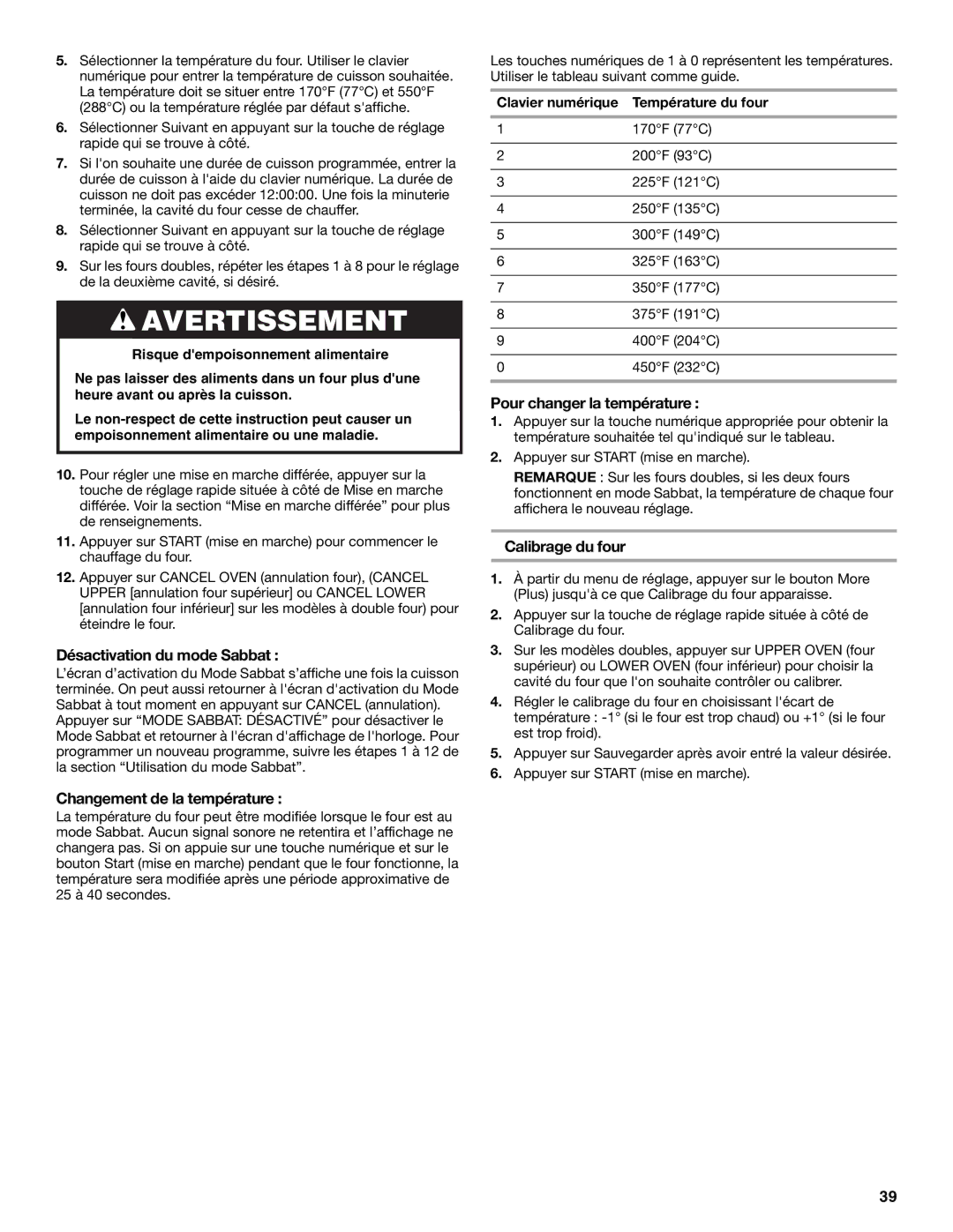 Jenn-Air JJW2827, JJW2527, JJW2730 Désactivation du mode Sabbat, Changement de la température, Pour changer la température 