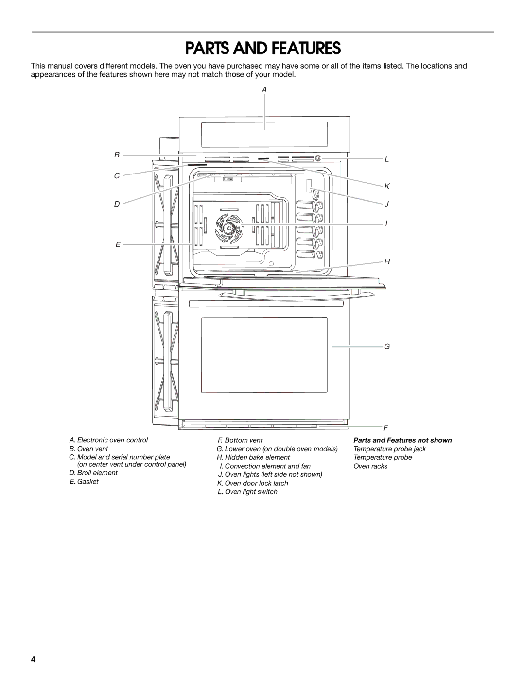 Jenn-Air JJW2830, JJW2527, JJW2730, JJW2427, JJW2827, JJW2530, JJW2727, JJW2330, JJW2430 manual Parts and Features 