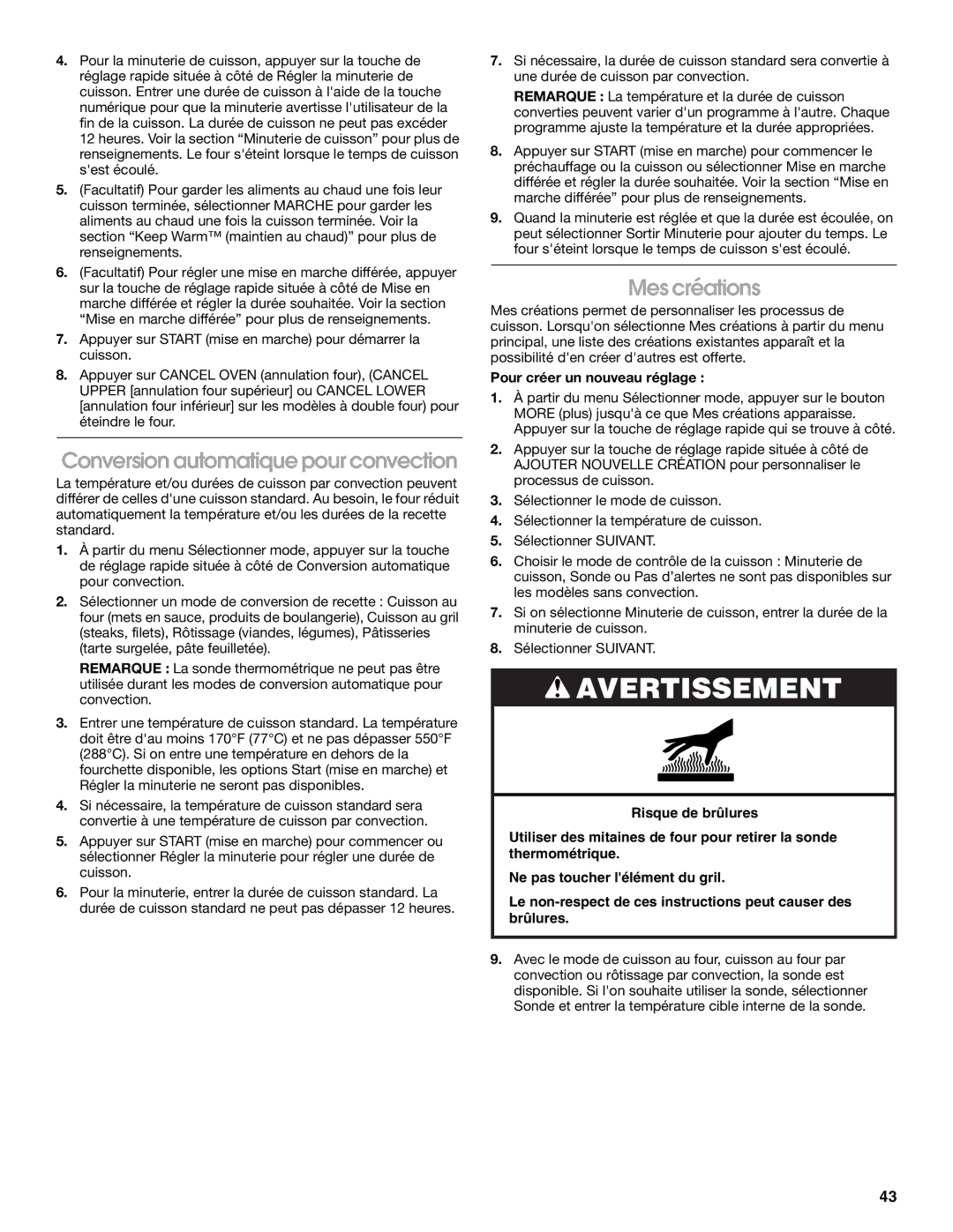 Jenn-Air JJW2330, JJW2527, JJW2730 Conversion automatique pour convection, Mes créations, Pour créer un nouveau réglage 