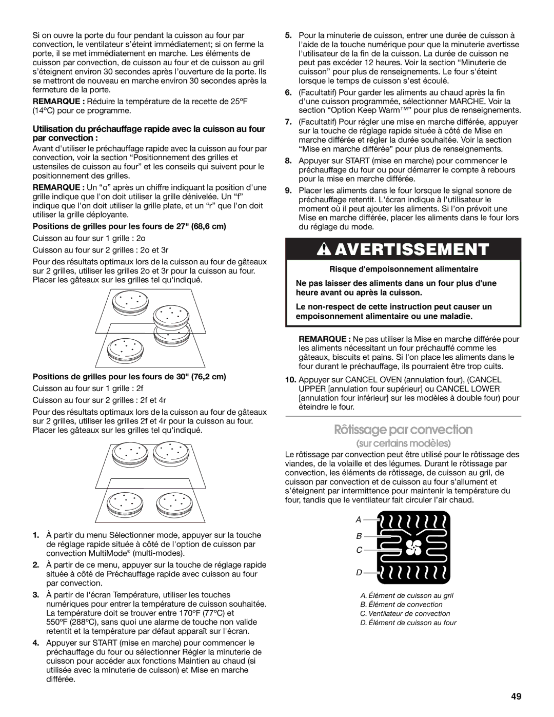 Jenn-Air JJW2830, JJW2527, JJW2730, JJW2427, JJW2827, JJW2530, JJW2727, JJW2330, JJW2430 manual Rôtissage par convection 