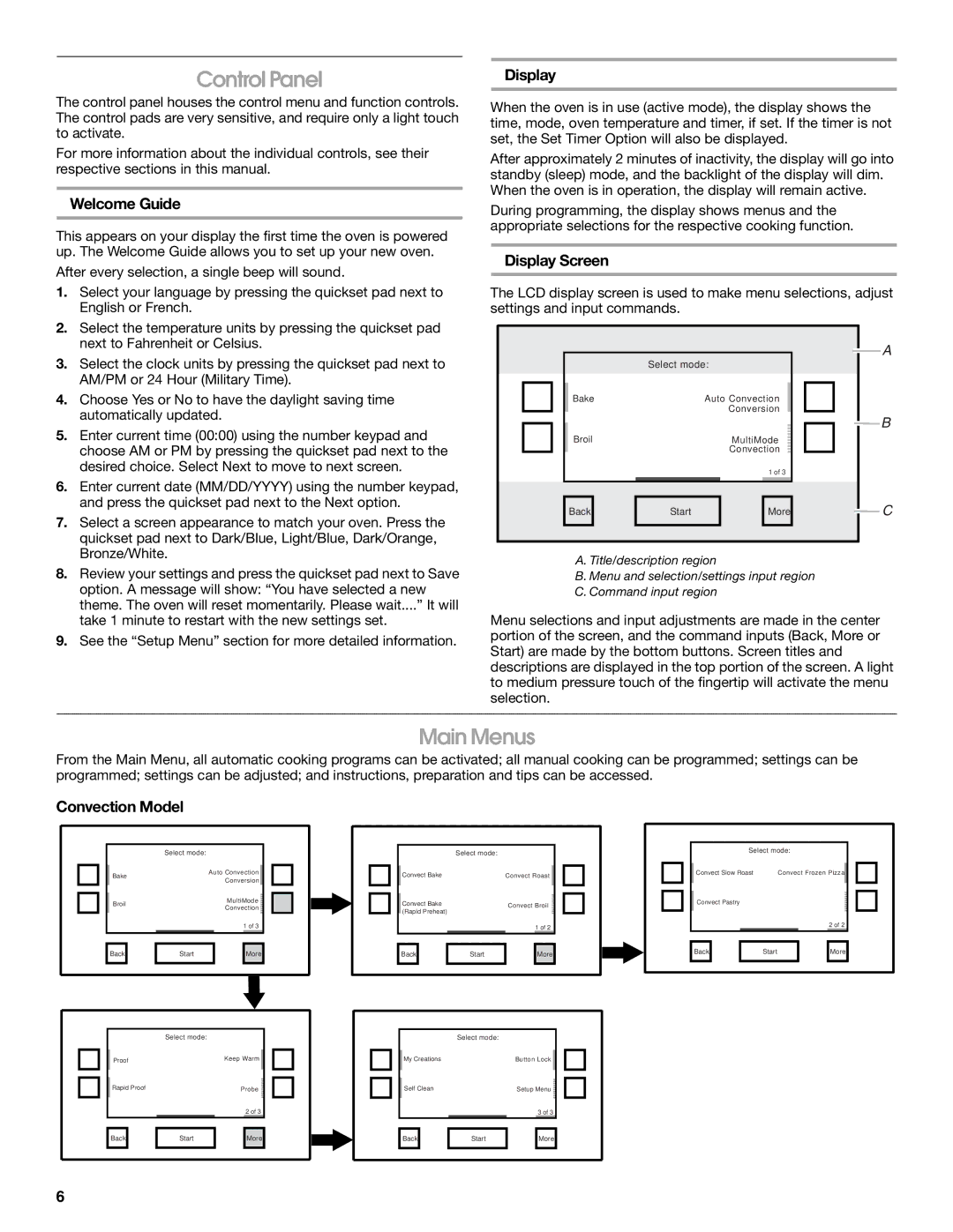 Jenn-Air JJW2727, JJW2527, JJW2730, JJW2427, JJW2827, JJW2830, JJW2530, JJW2330, JJW2430 manual Control Panel, Main Menus 