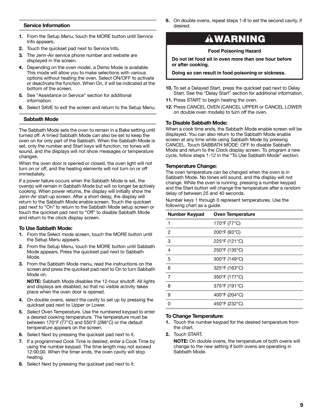 Jenn-Air JJW2527, JJW2730 manual Service Information, To Use Sabbath Mode, To Disable Sabbath Mode, Temperature Change 