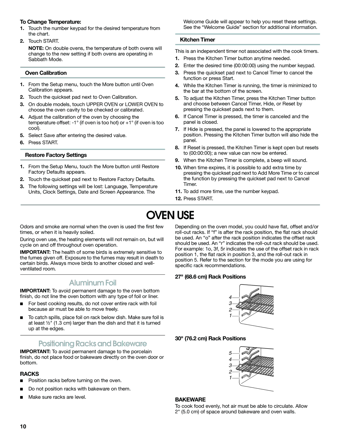 Jenn-Air JJW2527, JJW2730, JJW2427, JJW2827, JJW2830, JJW2530, JJW2727 Oven USE, Aluminum Foil, Positioning Racks and Bakeware 