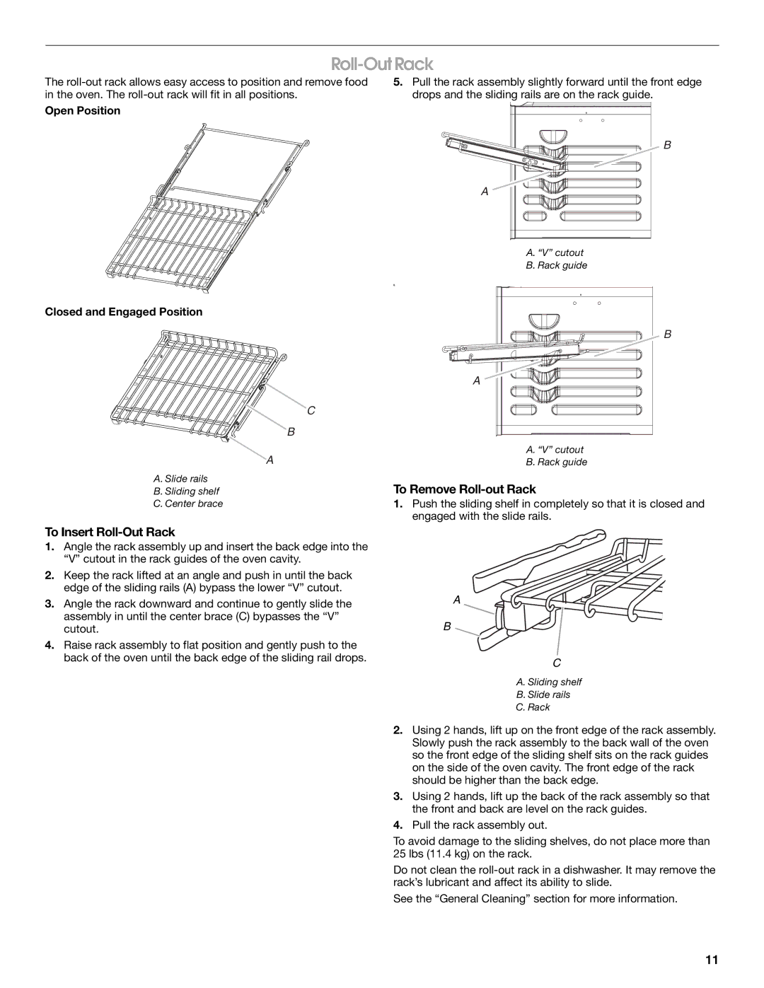 Jenn-Air JJW2730, JJW2527 To Insert Roll-Out Rack, To Remove Roll-out Rack, Open Position Closed and Engaged Position 