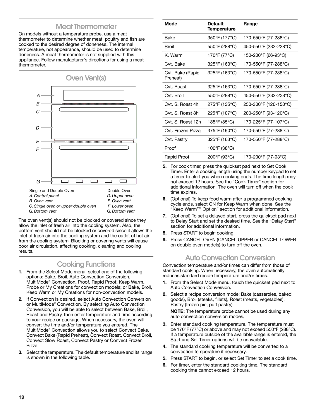 Jenn-Air JJW2427, JJW2527, JJW2730, JJW2827 manual Meat Thermometer, Oven Vents, Cooking Functions, Auto Convection Conversion 